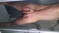 Shaving, jerking my young big cock ass spread boy