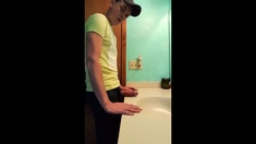 straight hunk with fat dick jerks off in bathroom