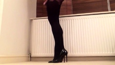 Black suspender pantyhose.