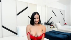 Busty curly brunette with big boobs fucks on couch