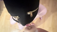 Big tit brunette sucks a big cock POV