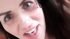 Amateur busty brunette masturbates and does hand job