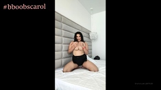 Busty curly brunette with big boobs fucks on couch