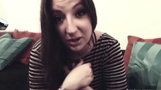 Amateur busty brunette masturbates and does hand job