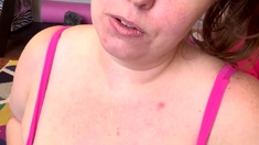 Sexy BBW babe sucks her own big boobs before getting facial